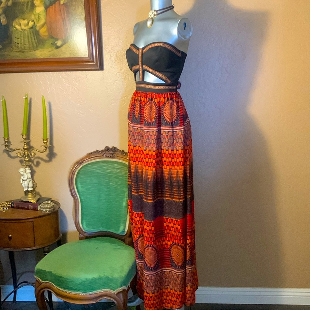 Sans Souci Strapless Black and Orange Maxi Dress